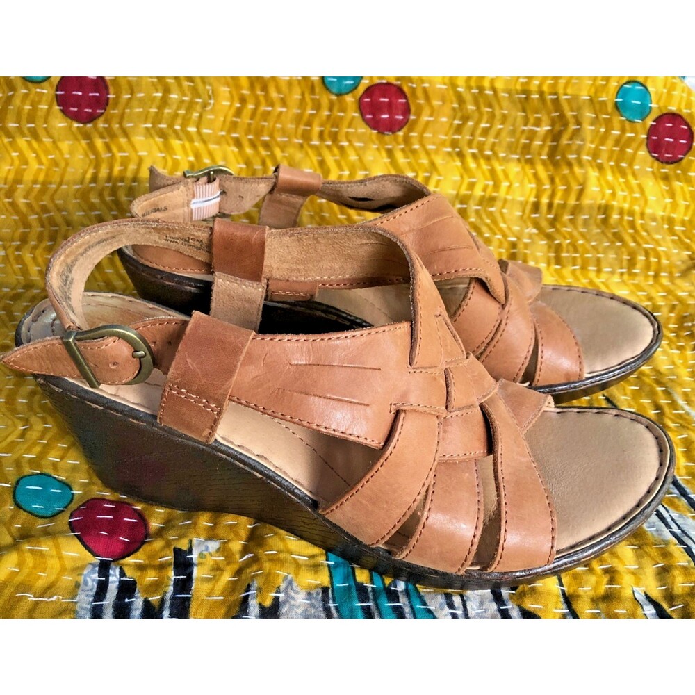 Born Jenni Leather Wedge Sandals Womens Size 10 Brown Slingback Woven Comfort